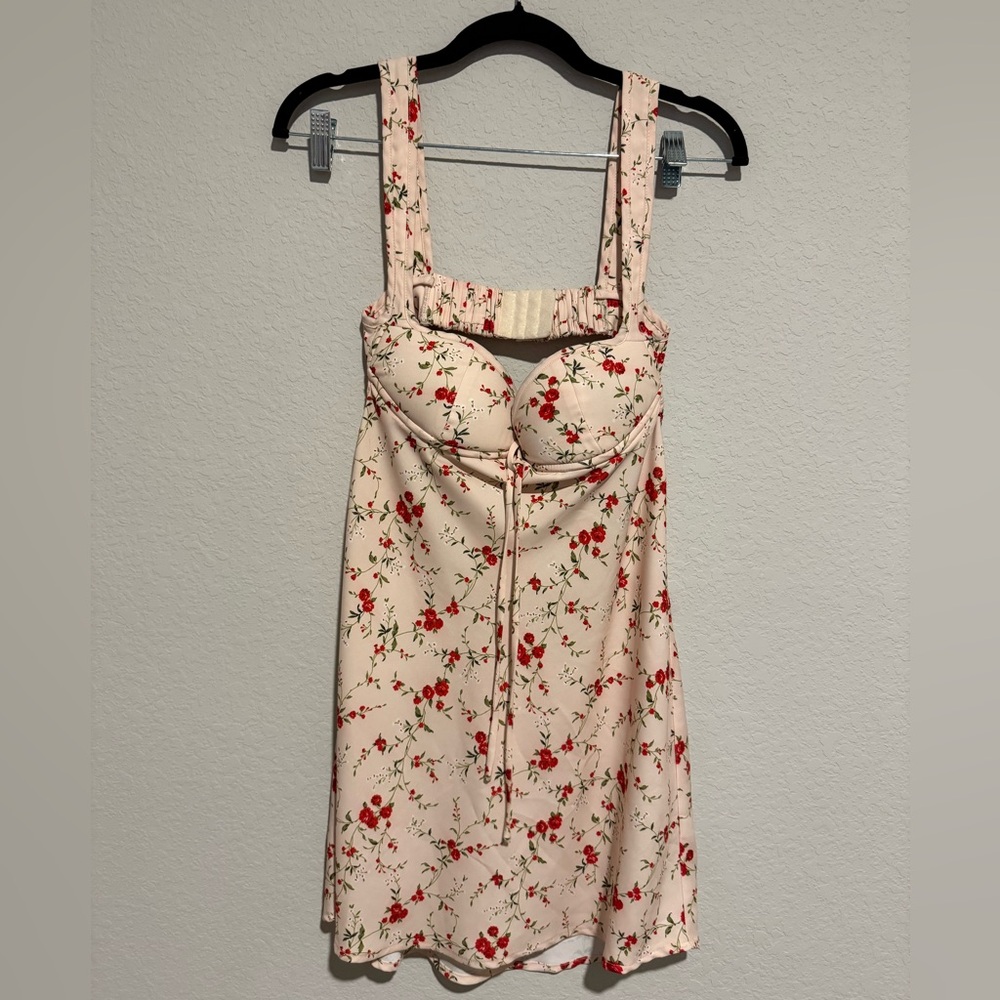Rumored Cream Mini Dress with Red Floral Print